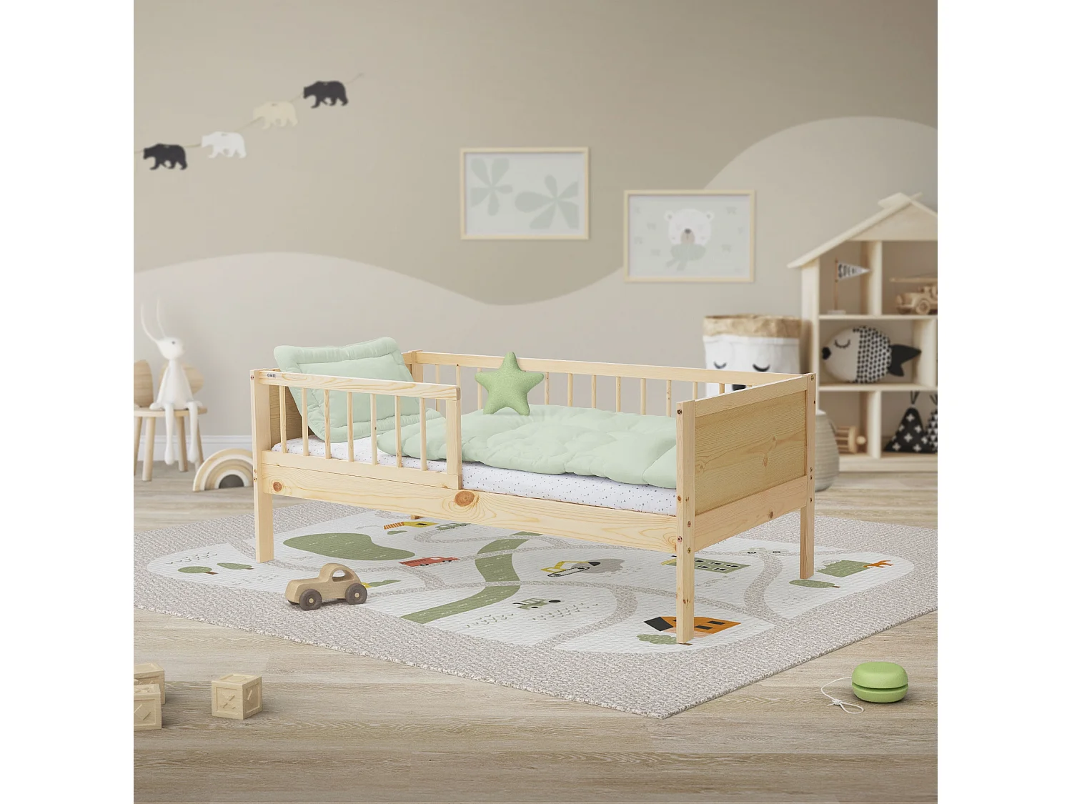 Lit d'enfant simple 70x140 cm naturel cadre de lit sans matelas bois de pin avec sommier à lattes protection contre les chutes et matériel de montage