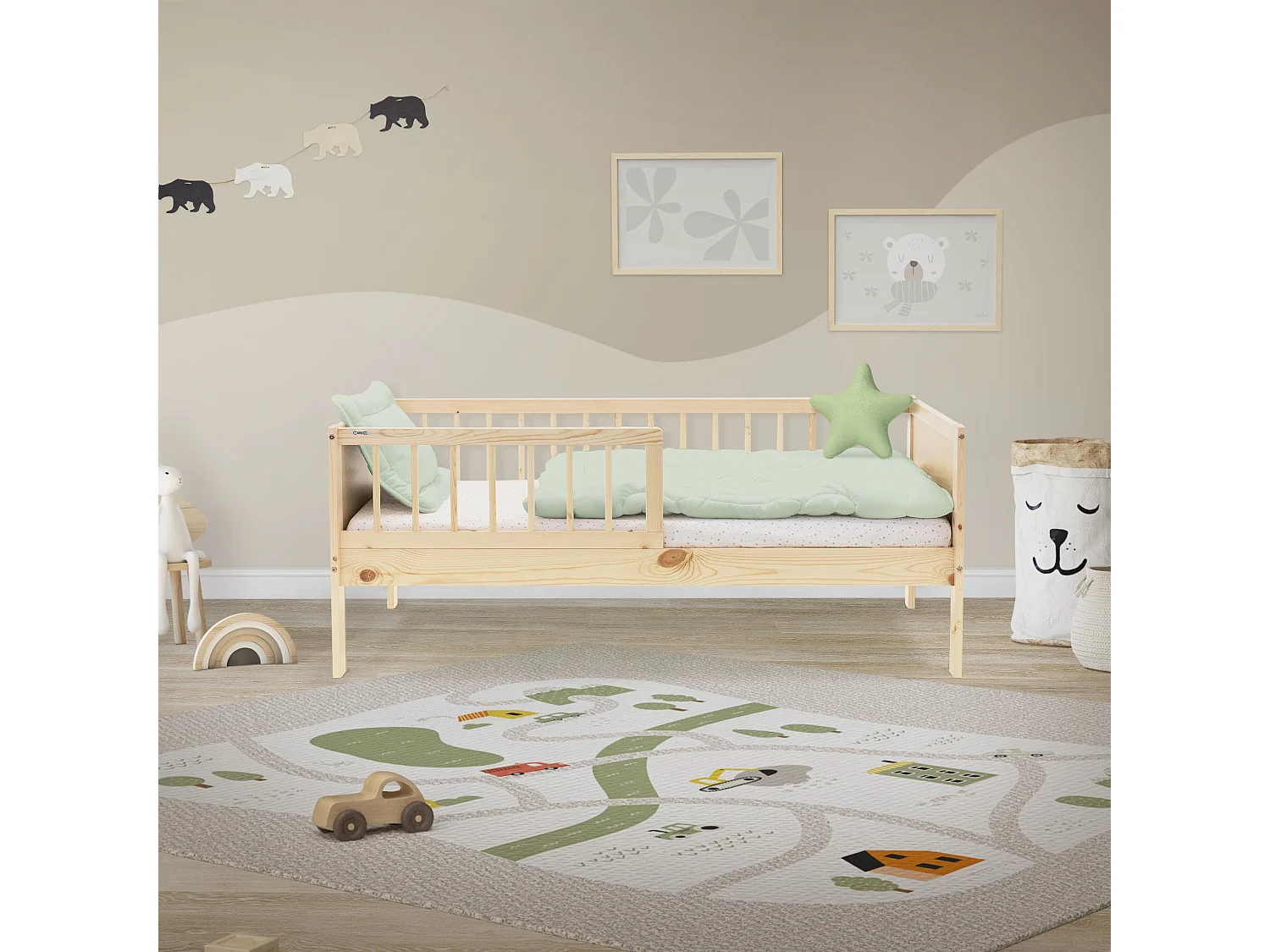 Lit d'enfant simple 70x140 cm naturel cadre de lit sans matelas bois de pin avec sommier à lattes protection contre les chutes et matériel de montage