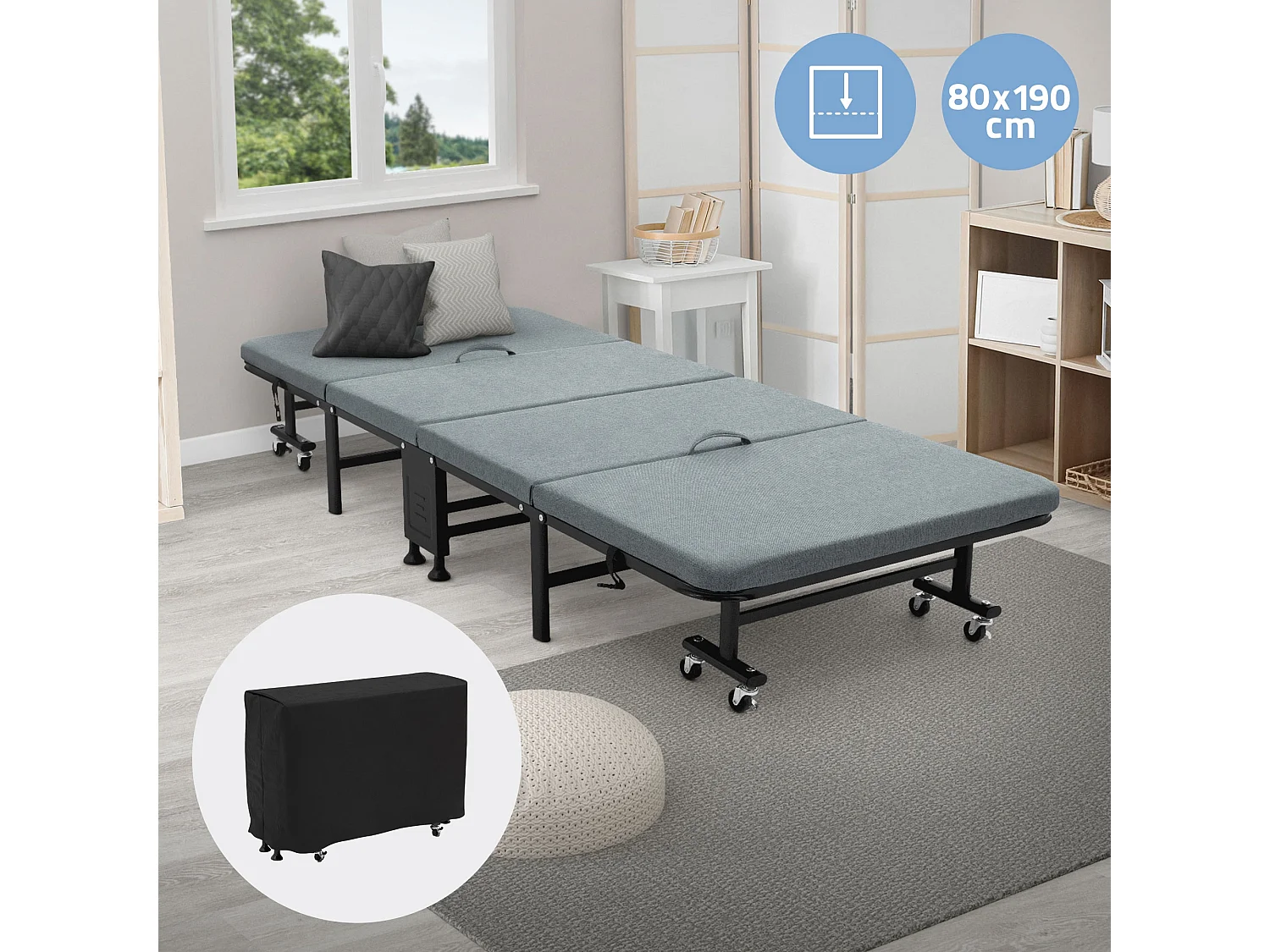 Lit d'appoint 80x190 cm, Lit Simple Pliable, avec Matelas/Rembourrage, Lit de Voyage