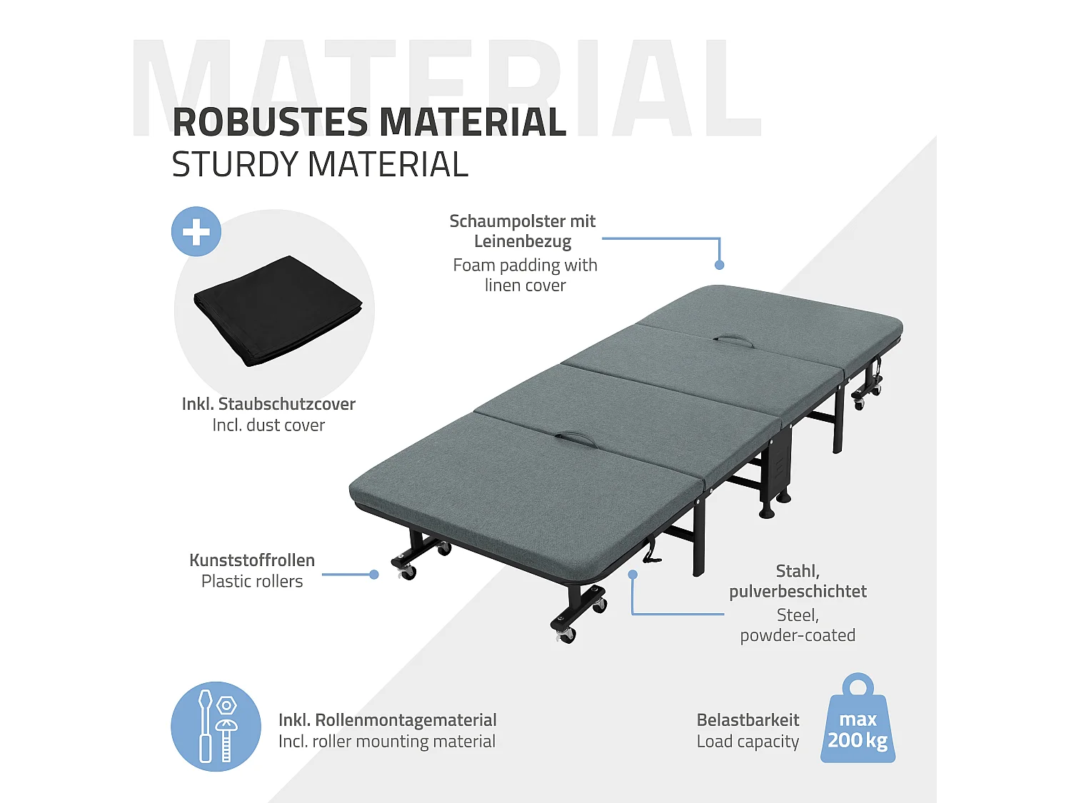 Lit d'appoint 80x190 cm, Lit Simple Pliable, avec Matelas/Rembourrage, Lit de Voyage