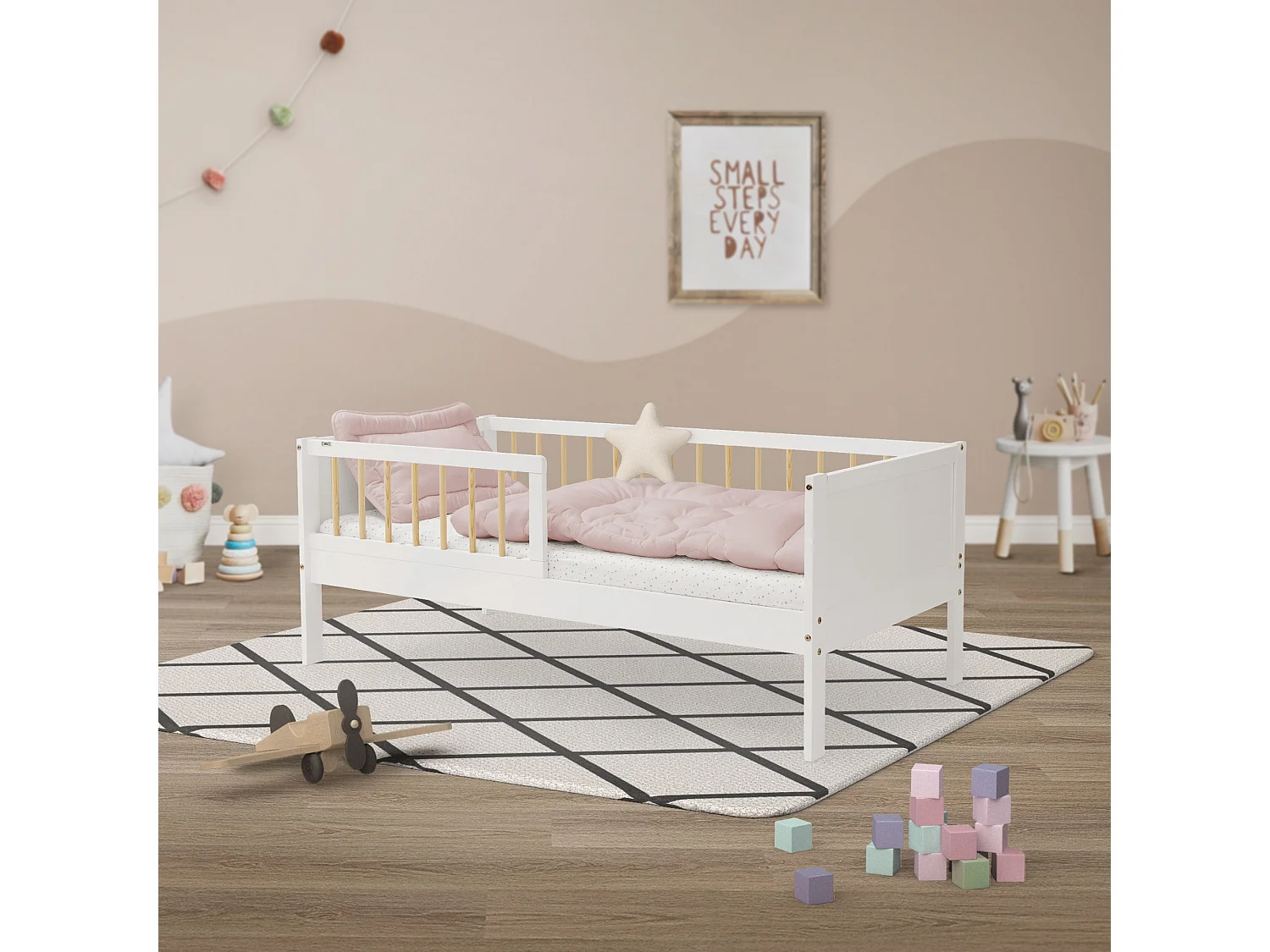 ML-Design Cama infantil tipi 70x140cm color blanco natural con protección anticaída y somier mobiliario con estructura de listones madera pino maciza