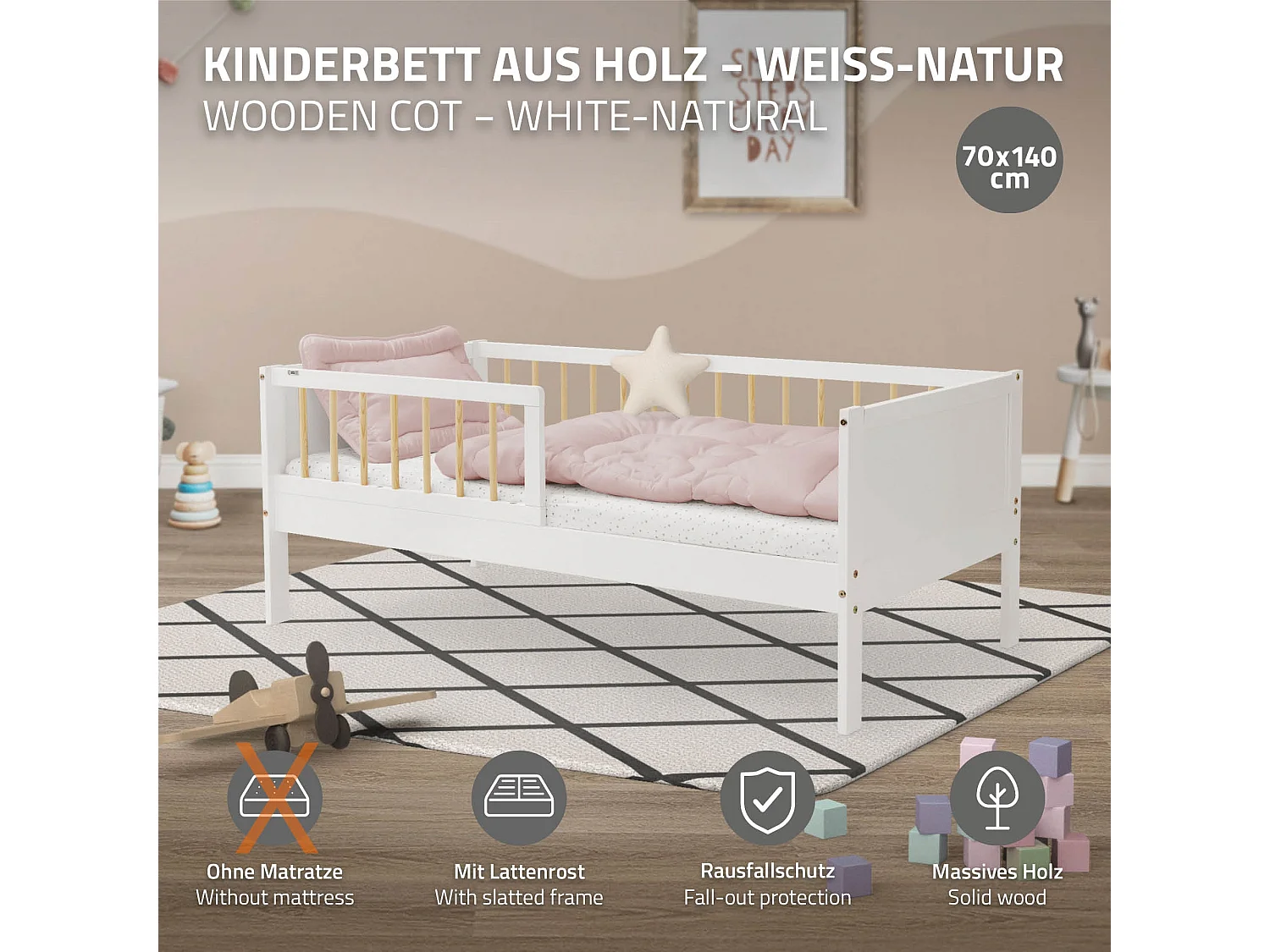 Lit d'enfant simple 70x140 cm blanc-naturel cadre sans matelas en bois de pin avec sommier à lattes protection contre chutes et matériel de montage
