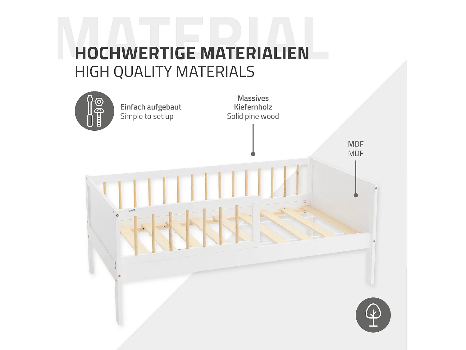 Lit d'enfant simple 70x140 cm blanc-naturel cadre sans matelas en bois de pin avec sommier à lattes protection contre chutes et matériel de montage