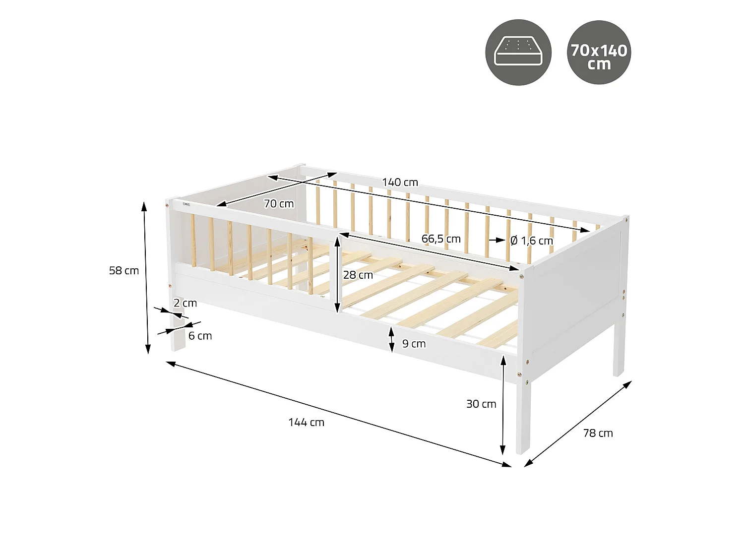 Lit d'enfant simple 70x140 cm blanc-naturel cadre sans matelas en bois de pin avec sommier à lattes protection contre chutes et matériel de montage