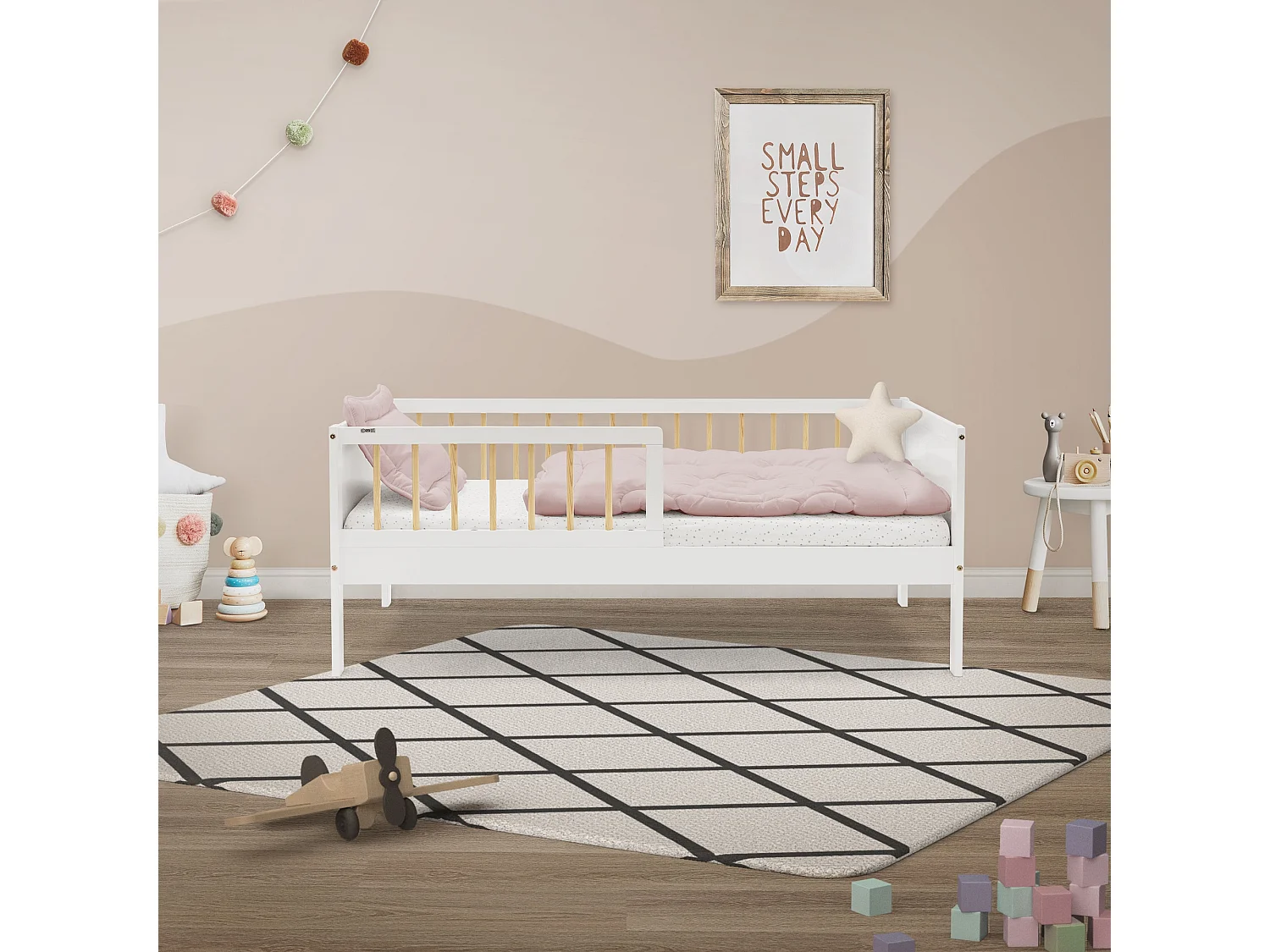 Lit d'enfant simple 70x140 cm blanc-naturel cadre sans matelas en bois de pin avec sommier à lattes protection contre chutes et matériel de montage