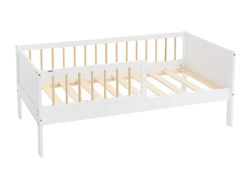 Lit d'enfant simple 70x140 cm blanc-naturel cadre sans matelas en bois de pin avec sommier à lattes protection contre chutes et matériel de montage