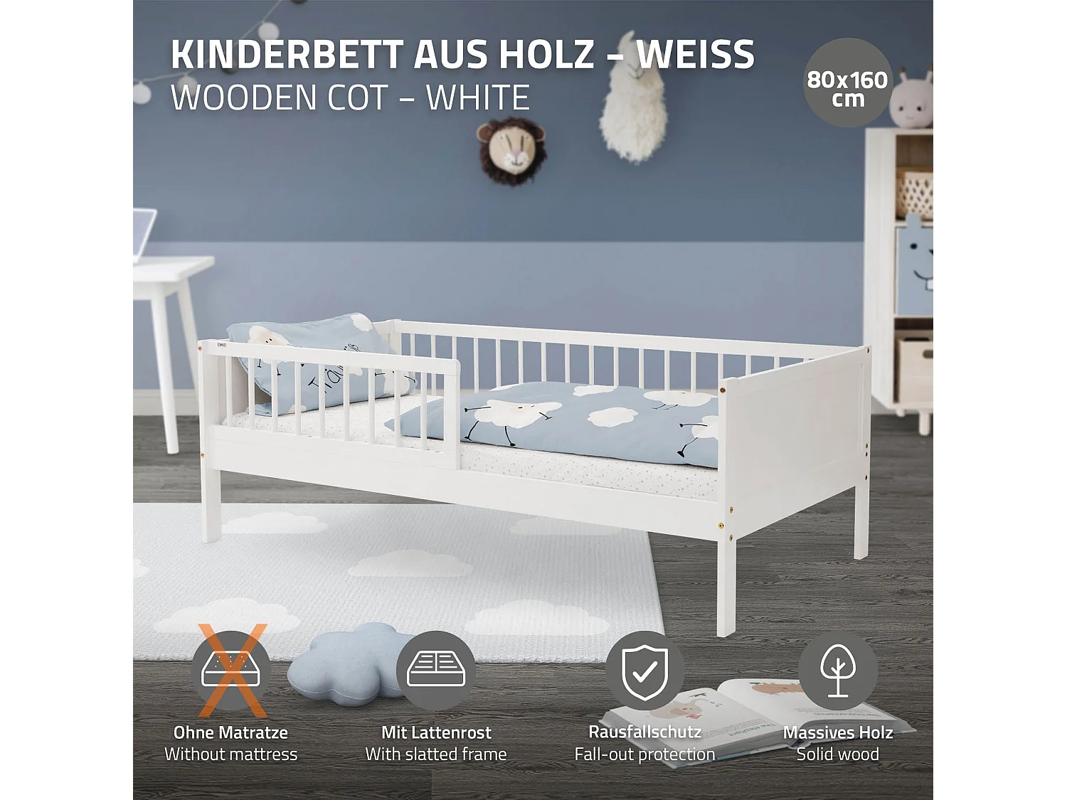 ML-Design Cama infantil tipi 80 x 160 cm color blanco con protección anticaída y somier mobiliario con estructura de listones madera pino maciza