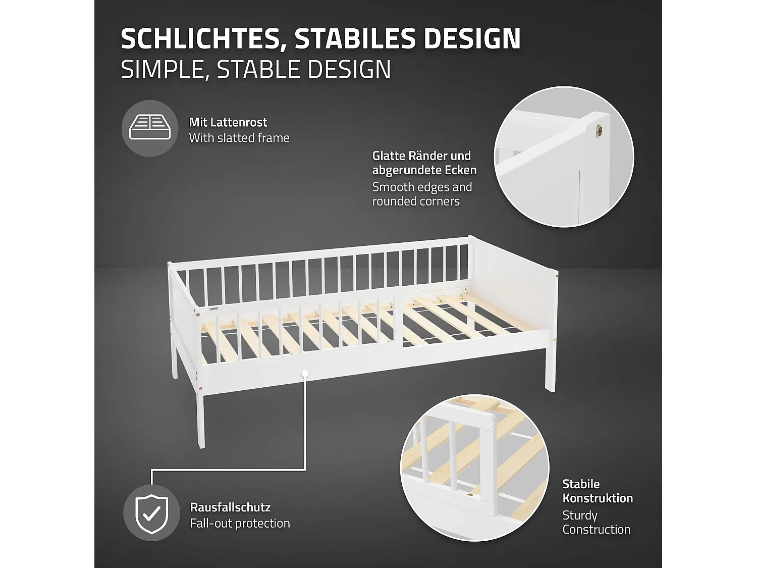 ML-Design Cama infantil tipi 80 x 160 cm color blanco con protección anticaída y somier mobiliario con estructura de listones madera pino maciza