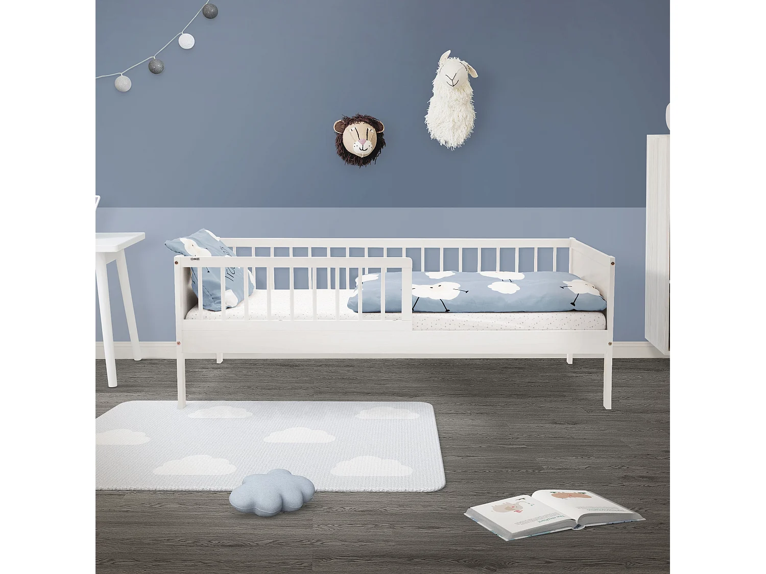 ML-Design Cama infantil tipi 80 x 160 cm color blanco con protección anticaída y somier mobiliario con estructura de listones madera pino maciza