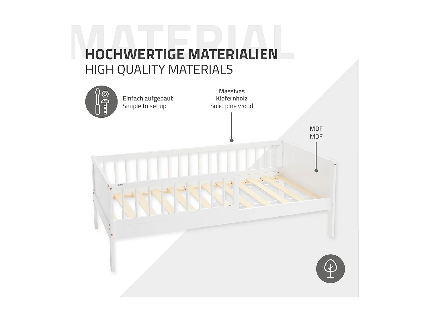 ML-Design Letto per bambini 80x160 cm bianco in legno di pino con rete a doghe e protezione anticaduta, lettino singolo per cameretta