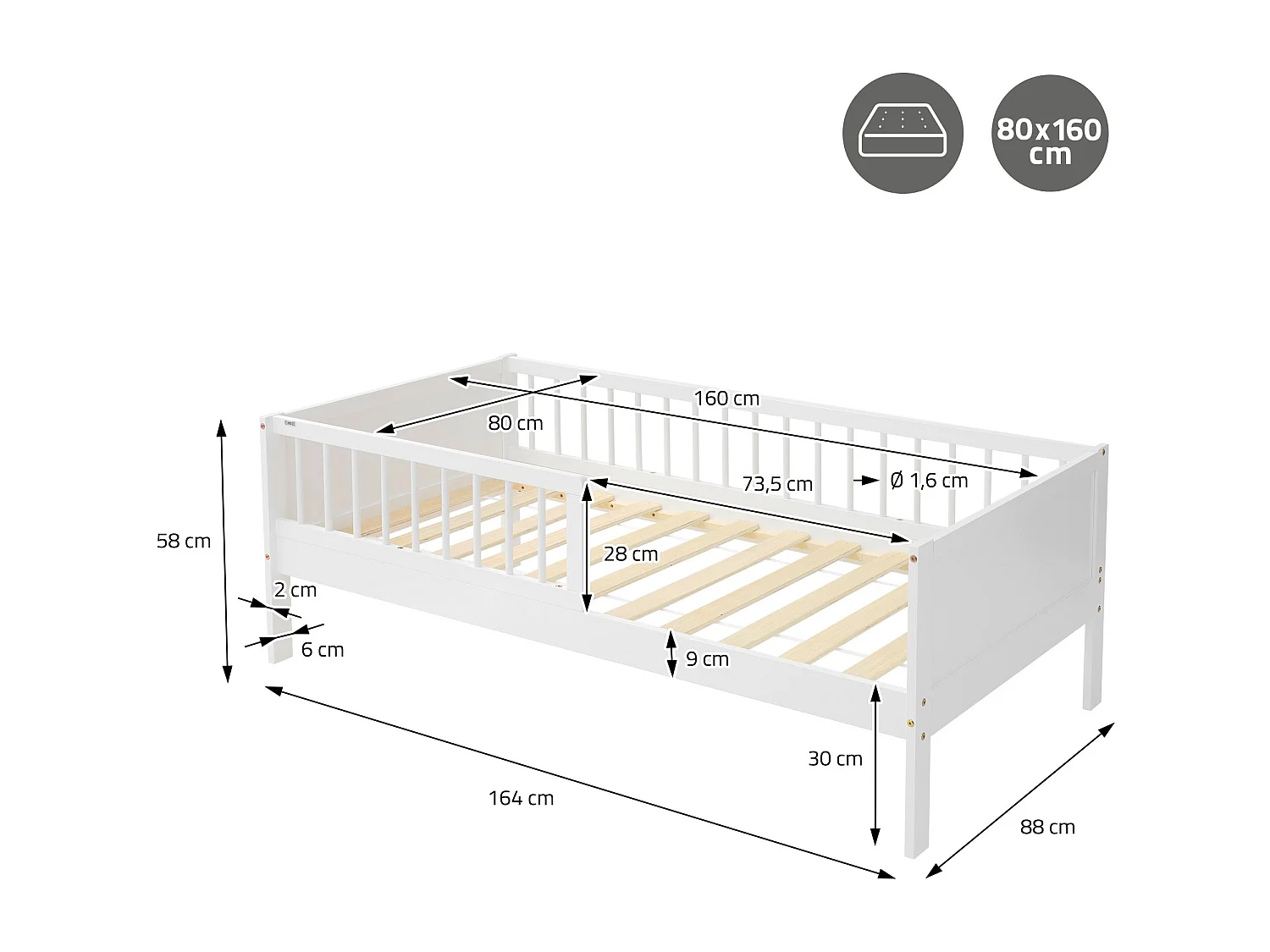 ML-Design Letto per bambini 80x160 cm bianco in legno di pino con rete a doghe e protezione anticaduta, lettino singolo per cameretta