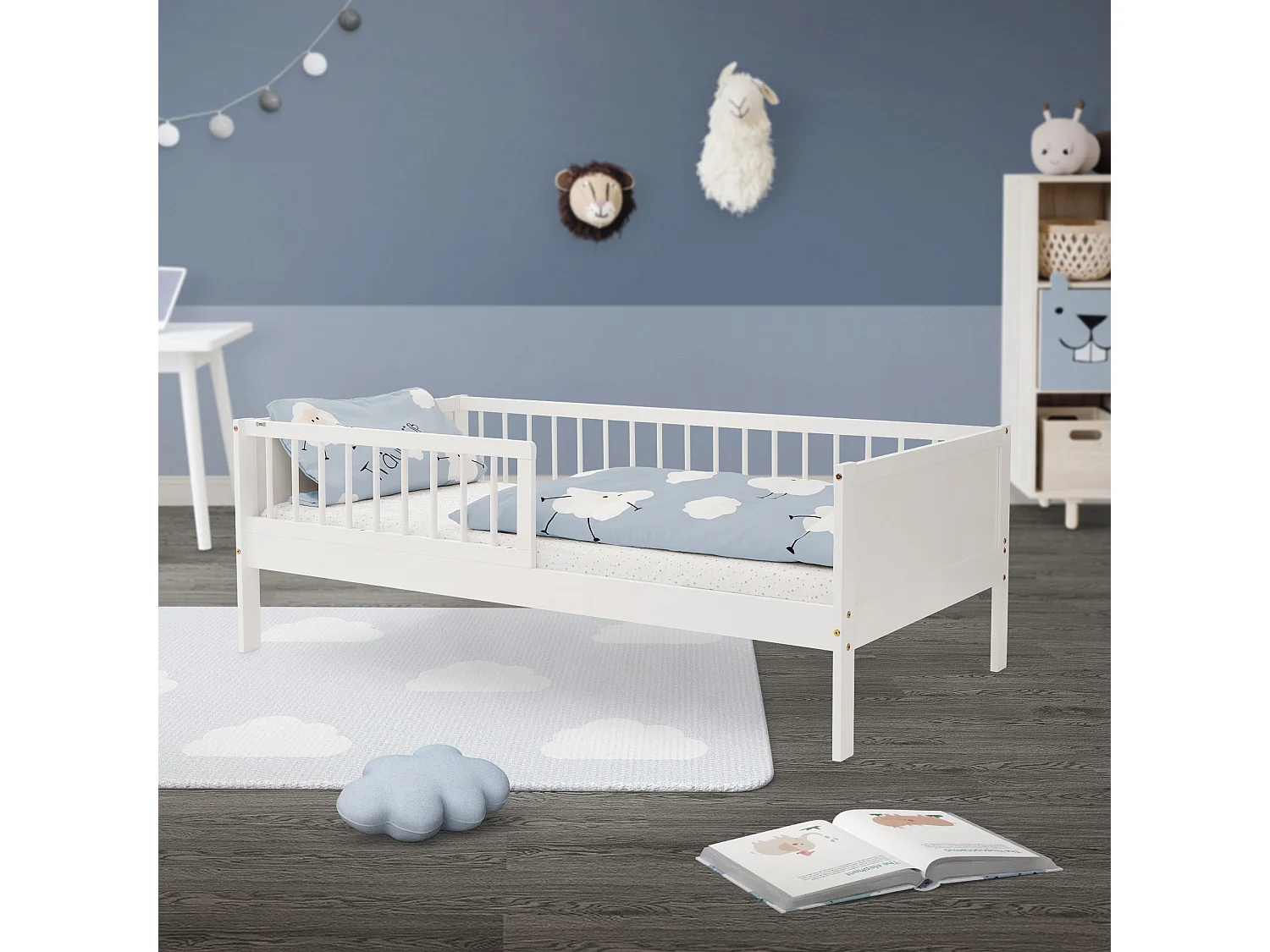 ML-Design Letto per bambini 80x160 cm bianco in legno di pino con rete a doghe e protezione anticaduta, lettino singolo per cameretta