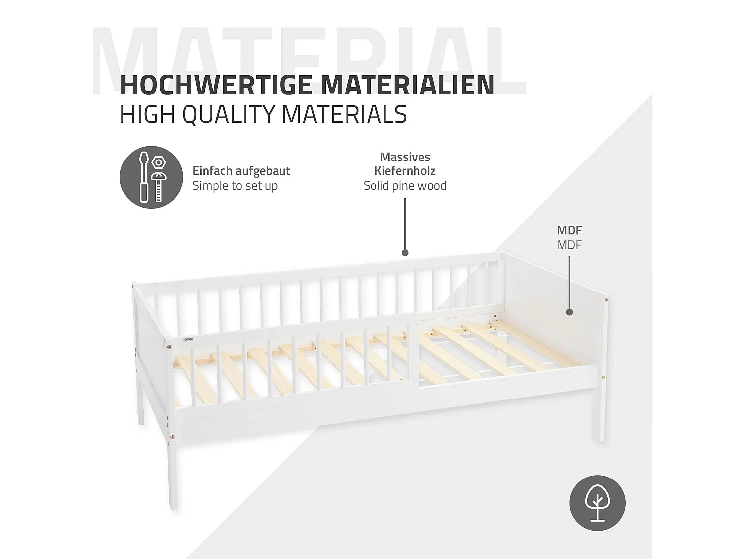 ML-Design Letto per bambini 80x160 cm bianco in legno di pino con rete a doghe e protezione anticaduta, lettino singolo per cameretta