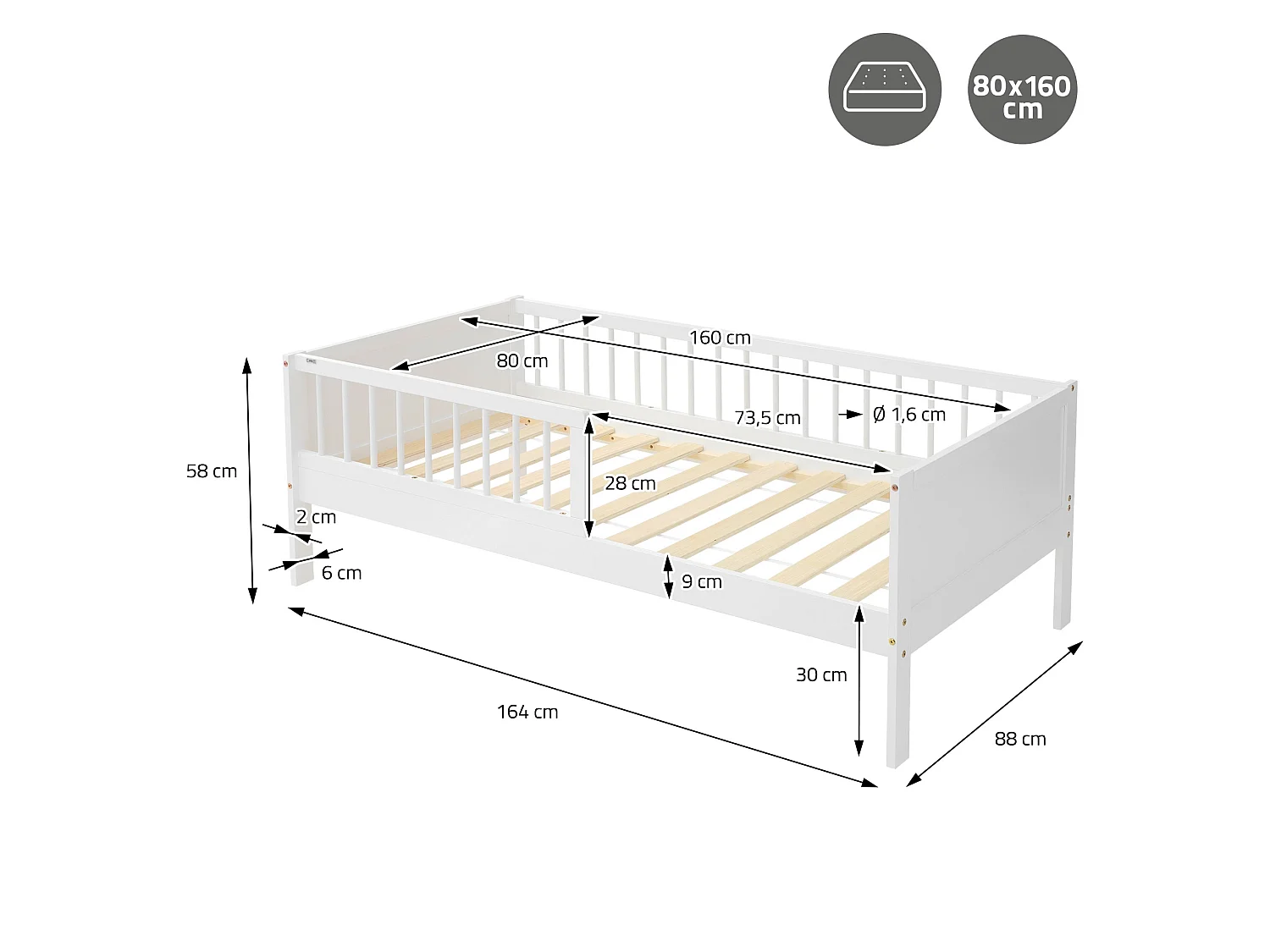 ML-Design Letto per bambini 80x160 cm bianco in legno di pino con rete a doghe e protezione anticaduta, lettino singolo per cameretta