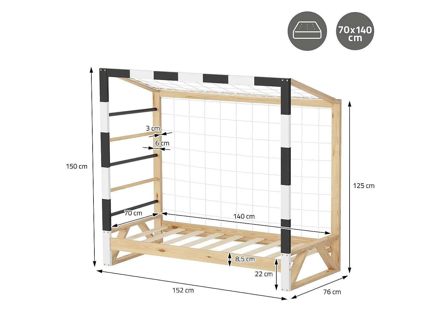 ML-Design Letto per bambini 80x160 cm bianco in legno di pino con rete a doghe e protezione anticaduta, lettino singolo per cameretta