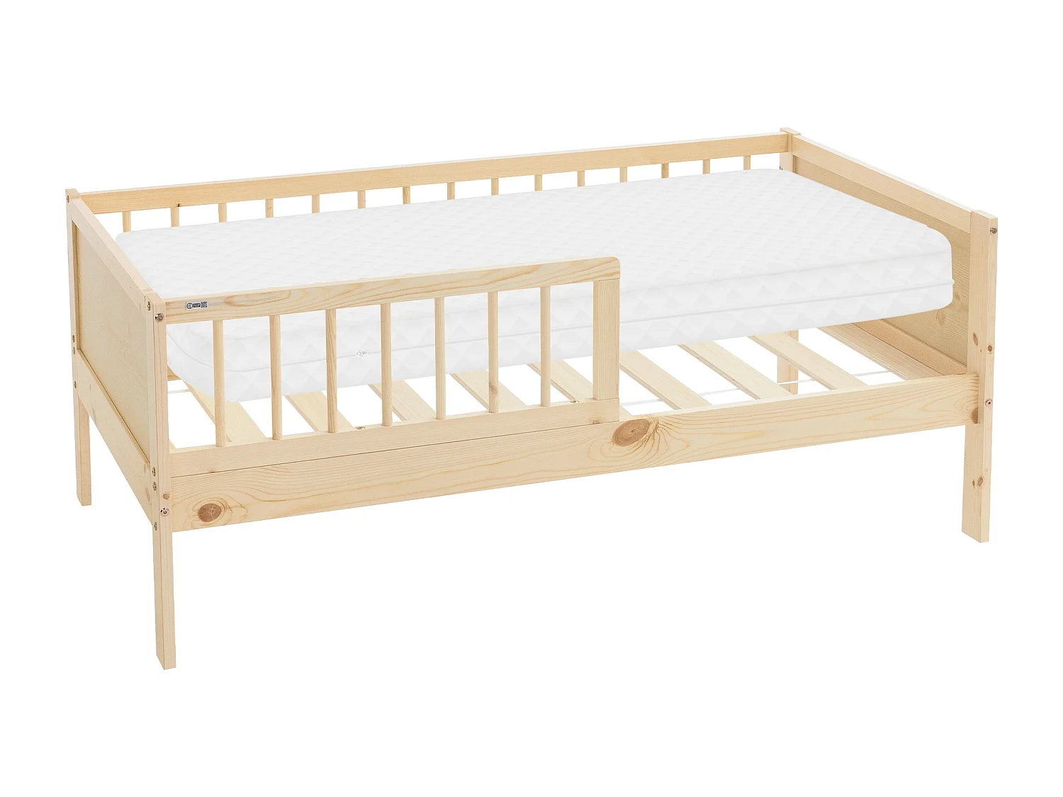 Lit d'enfant 70x140cm naturel simple cadre de lit avec matelas en bois de pin avec sommier à lattes protection contre chutes matériel de montage