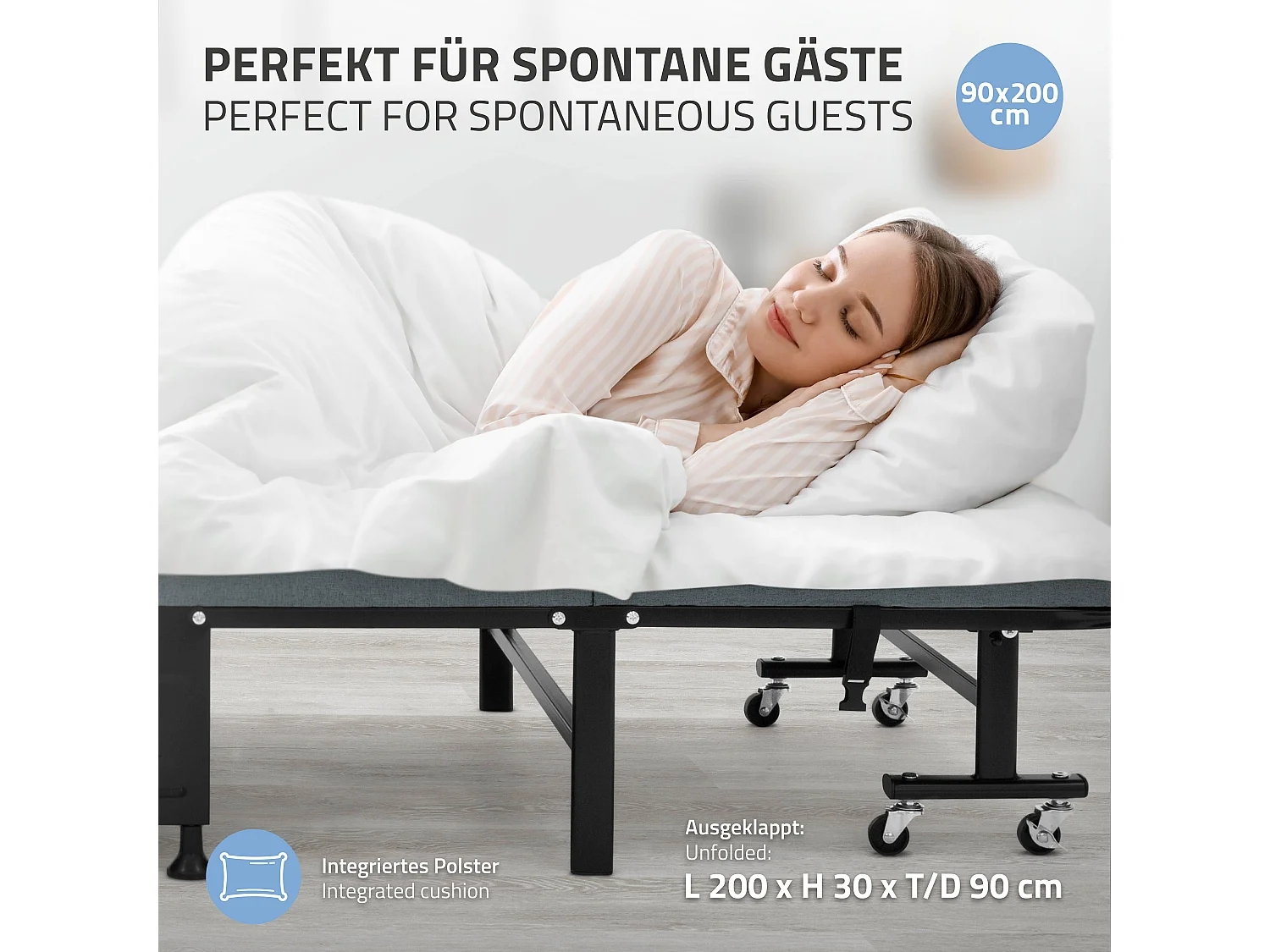 Cama supletoria 90x200 cm, Cama individual plegable, con colchón/relleno, cama de viaje