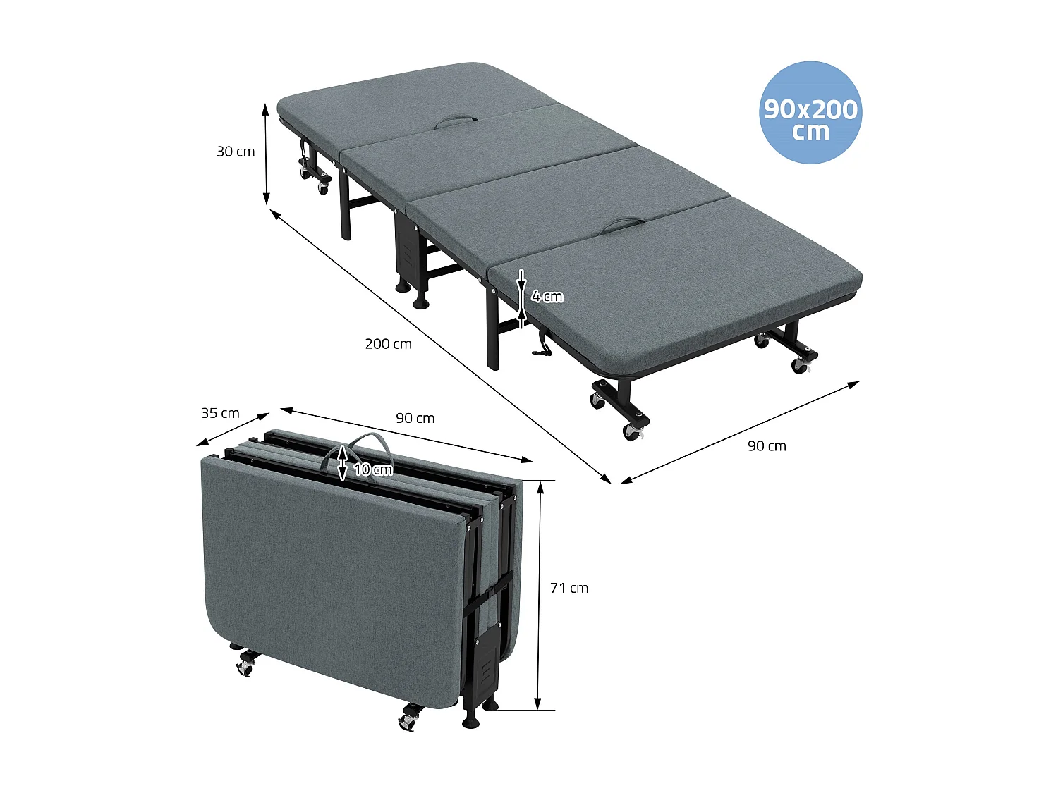 Cama supletoria 90x200 cm, Cama individual plegable, con colchón/relleno, cama de viaje