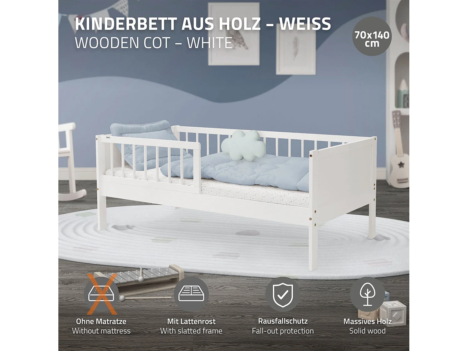 ML-Design Cama infantil tipi 70x140 cm color blanco con protección anticaída y somier mobiliario con estructura de listones de madera de pino maciza