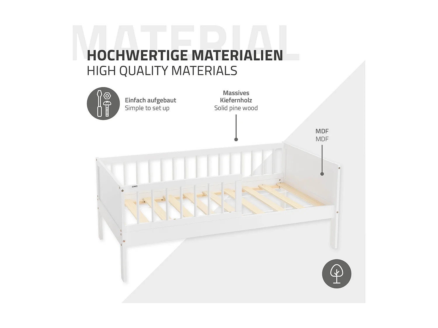 ML-Design Cama infantil tipi 70x140 cm color blanco con protección anticaída y somier mobiliario con estructura de listones de madera de pino maciza