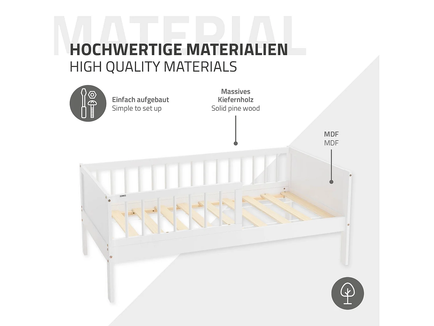 ML-Design Letto per bambini 70x140 cm bianco in legno di pino con rete a doghe e protezione anticaduta, lettino singolo per cameretta
