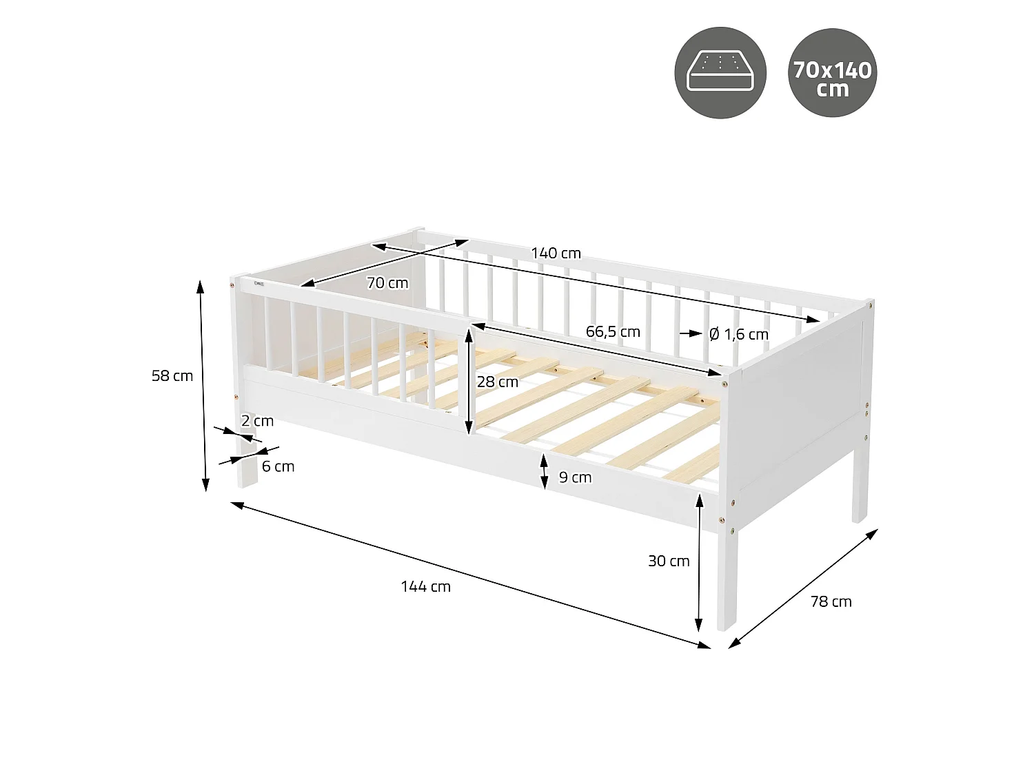 ML-Design Letto per bambini 70x140 cm bianco in legno di pino con rete a doghe e protezione anticaduta, lettino singolo per cameretta