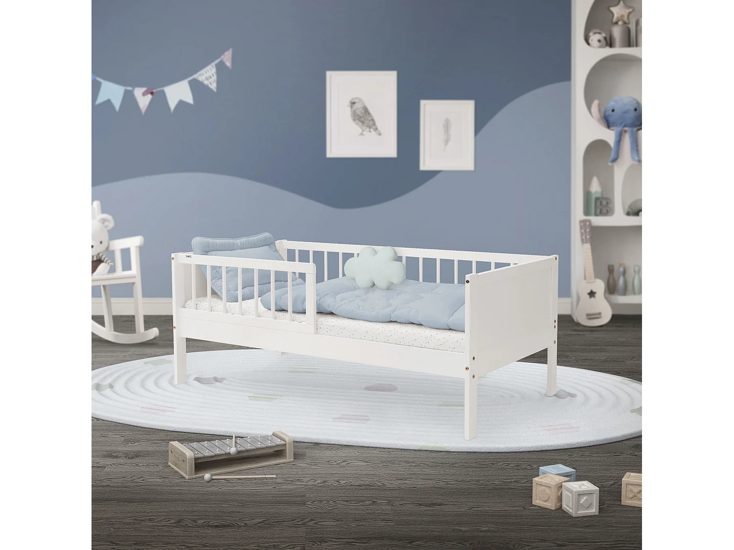 ML-Design Letto per bambini 70x140 cm bianco in legno di pino con rete a doghe e protezione anticaduta, lettino singolo per cameretta