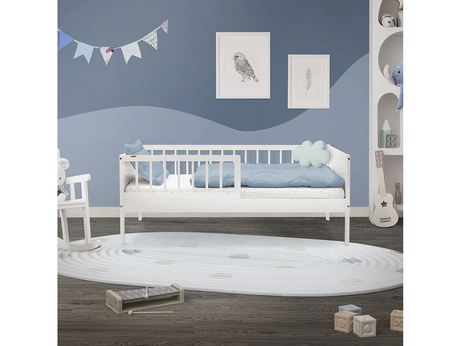 ML-Design Letto per bambini 70x140 cm bianco in legno di pino con rete a doghe e protezione anticaduta, lettino singolo per cameretta