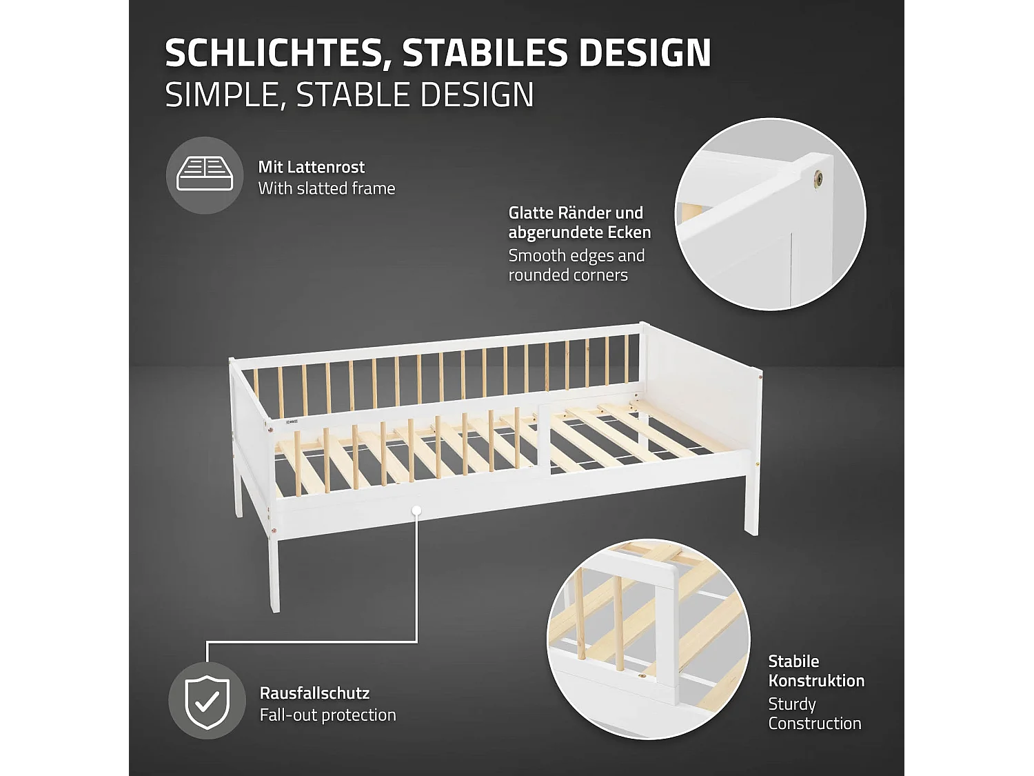 ML-Design Letto per bambini 80x160 cm bianco-naturale in legno di pino con materasso, rete a doghe e protezione anticaduta letto per giovani