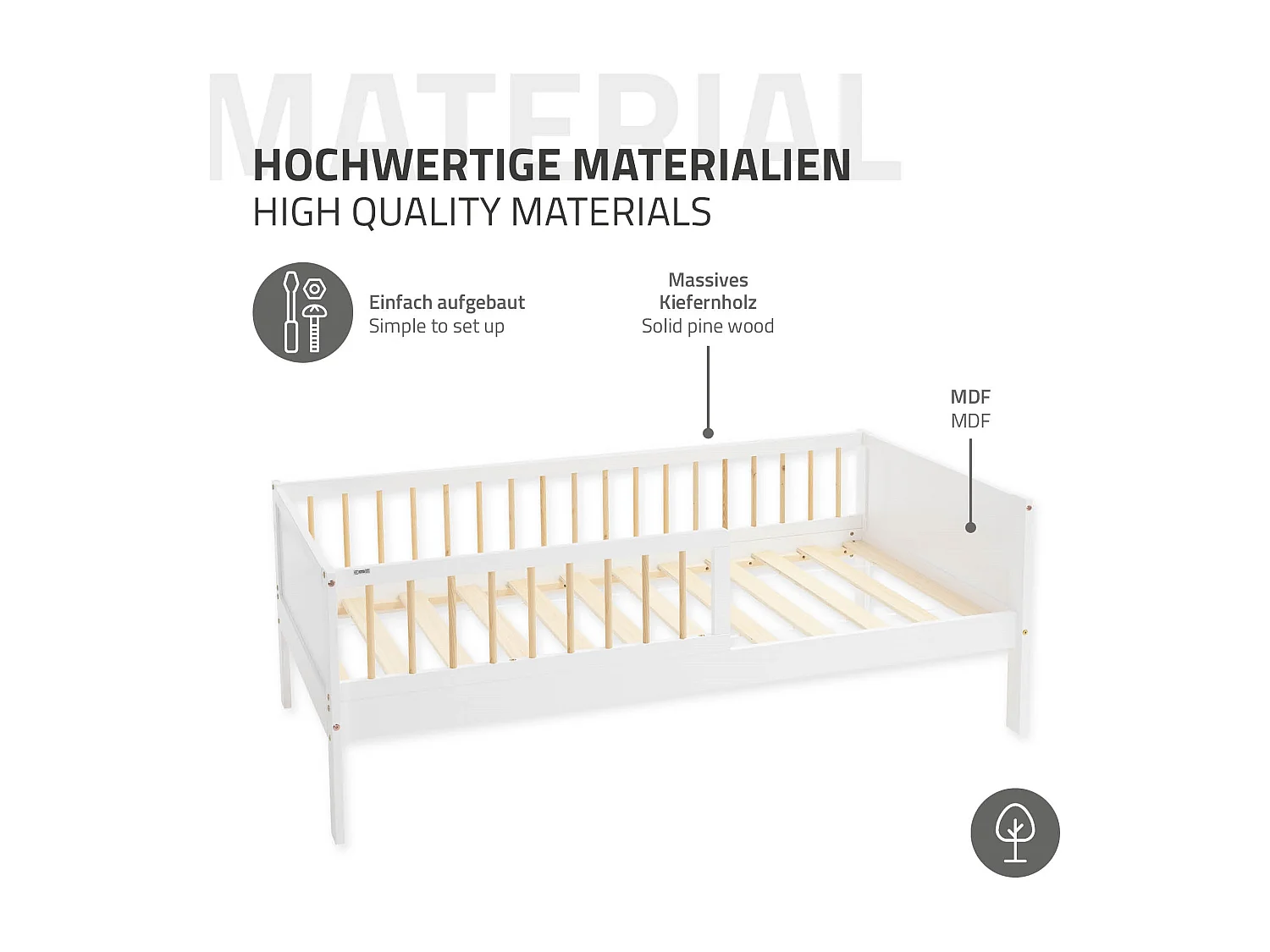 ML-Design Letto per bambini 80x160 cm bianco-naturale in legno di pino con materasso, rete a doghe e protezione anticaduta letto per giovani