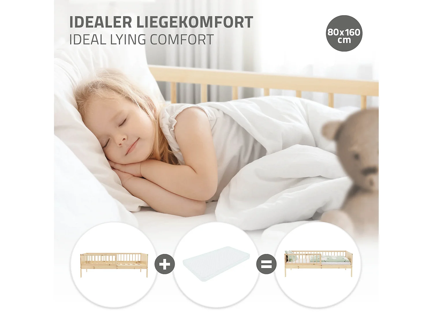 ML-Design Cama infantil tipi 80 x 160 cm color natural con protección anticaída y somier mobiliario con estructura de listones madera pino maciza