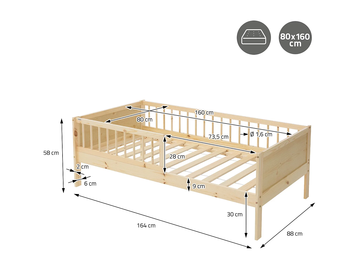 ML-Design Cama infantil tipi 80 x 160 cm color natural con protección anticaída y somier mobiliario con estructura de listones madera pino maciza
