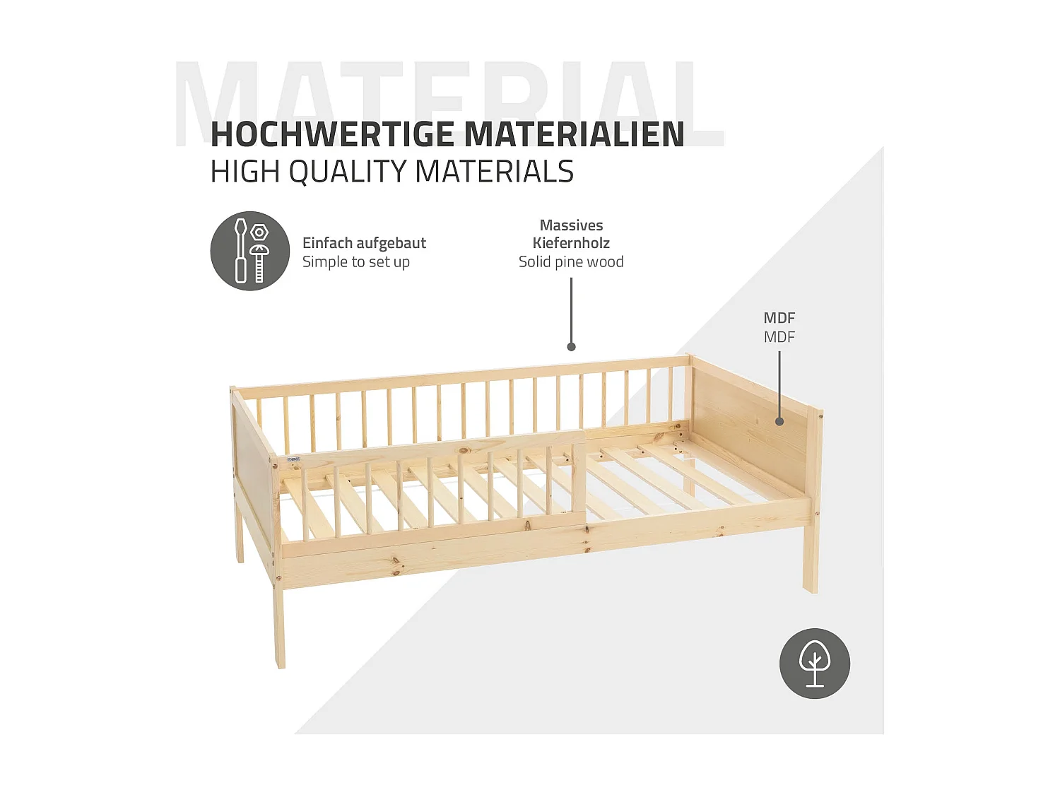 Lit d'enfant simple 80x160 cm naturel cadre de lit sans matelas en bois de pin avec sommier à lattes protection contre chutes et matériel de montage