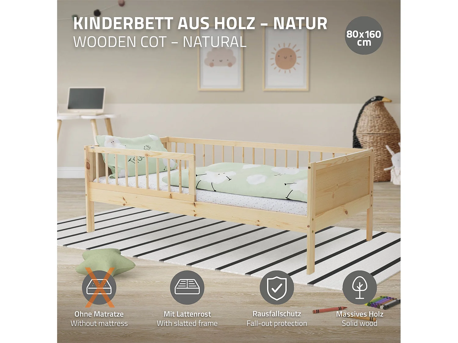 ML-Design Cama infantil 80 x 160 cm color natural con protección anticaída y somier mobiliario con estructura de listones madera pino maciza