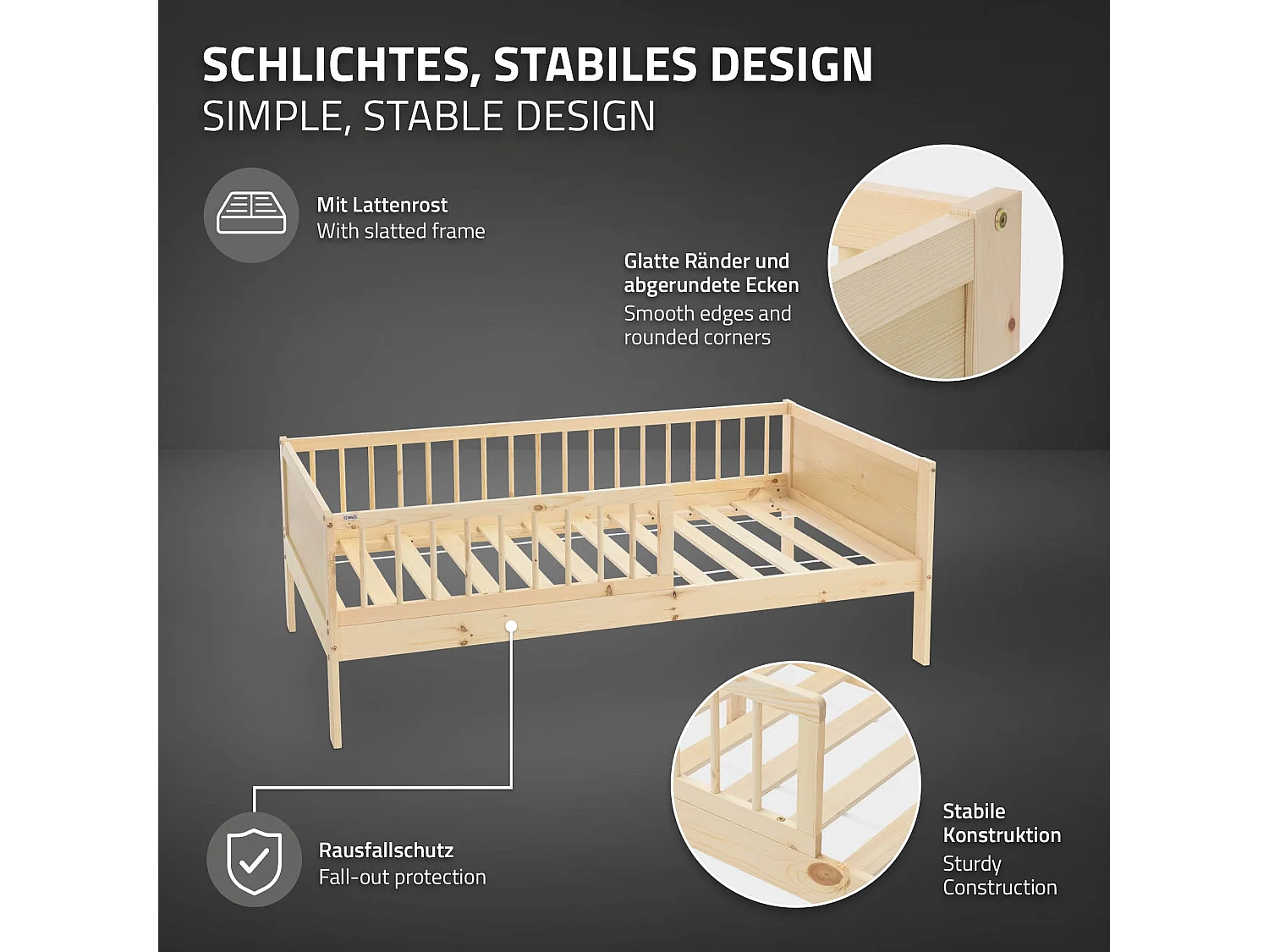 ML-Design Cama infantil 80 x 160 cm color natural con protección anticaída y somier mobiliario con estructura de listones madera pino maciza