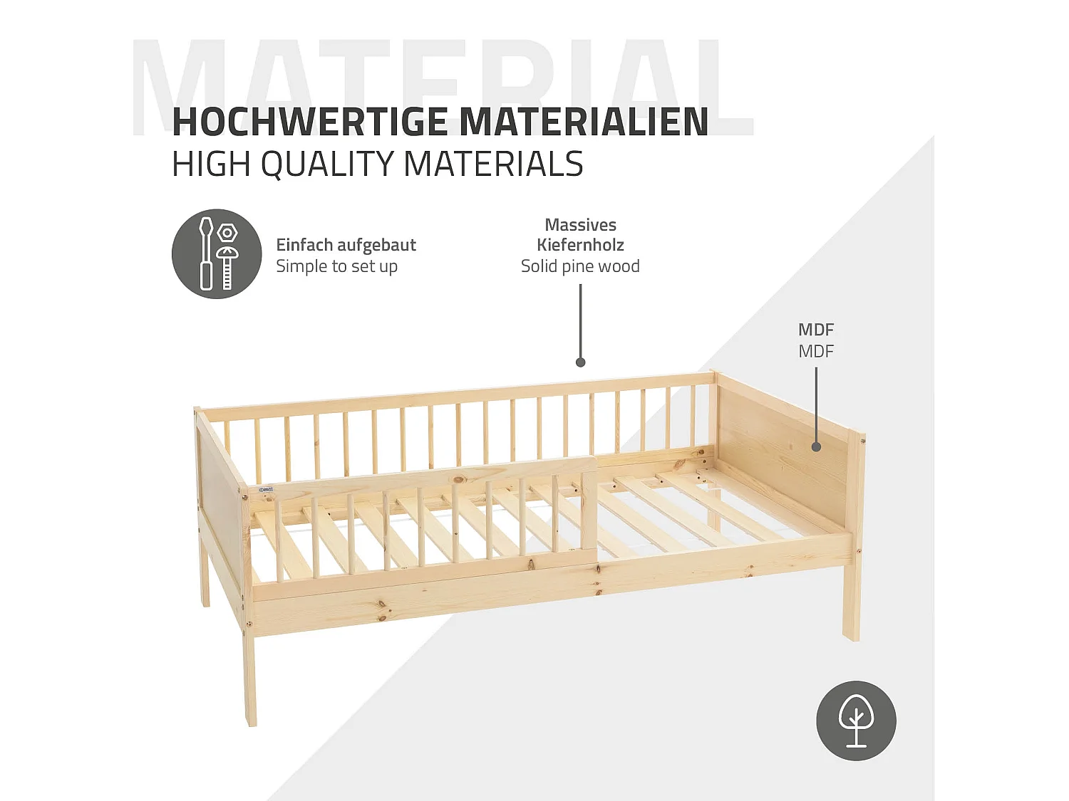 ML-Design Cama infantil 80 x 160 cm color natural con protección anticaída y somier mobiliario con estructura de listones madera pino maciza