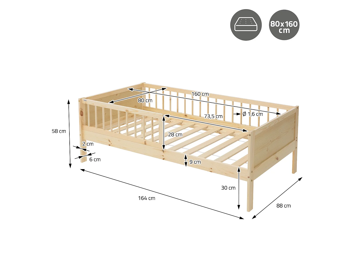 ML-Design Cama infantil 80 x 160 cm color natural con protección anticaída y somier mobiliario con estructura de listones madera pino maciza
