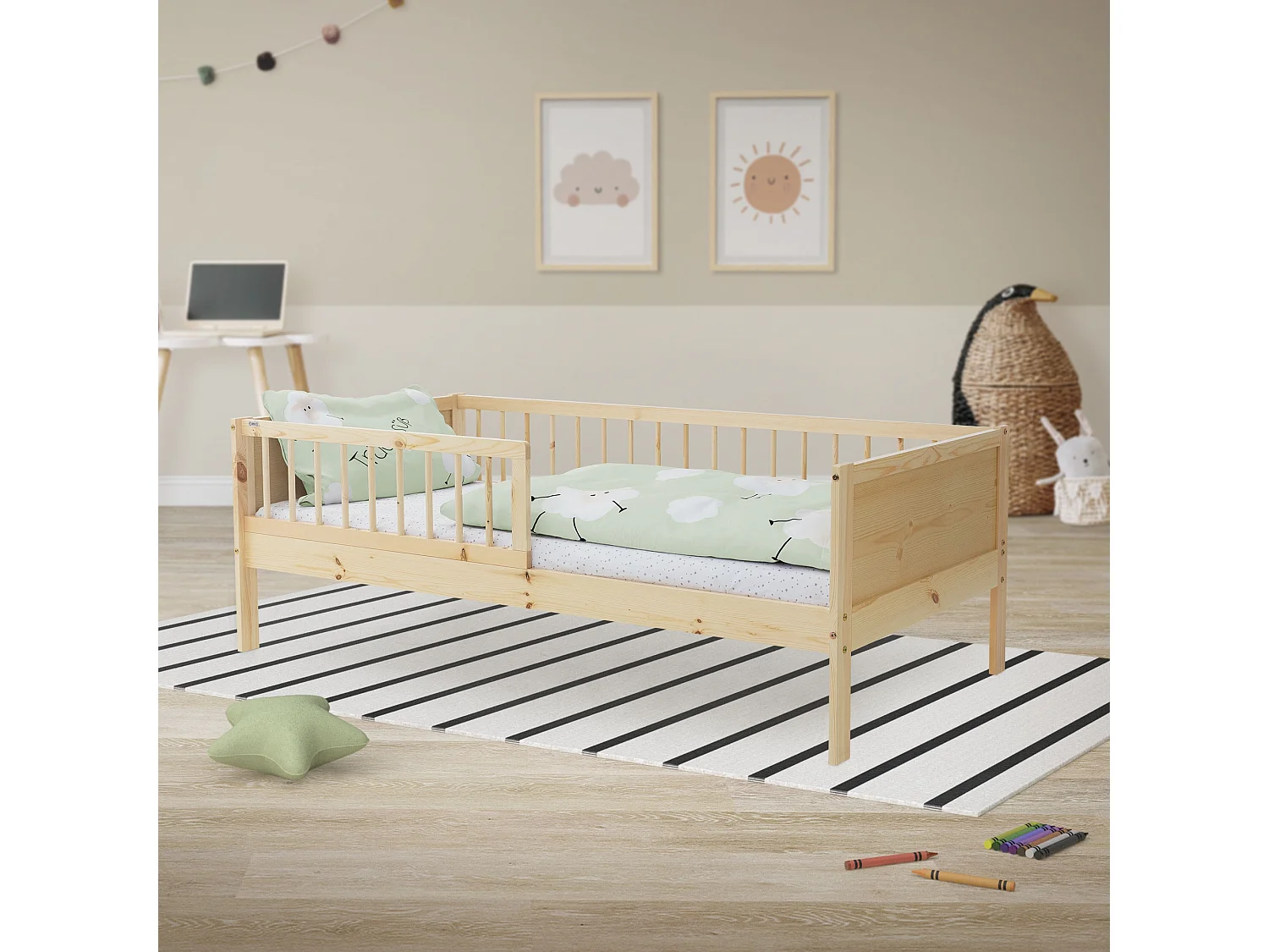 ML-Design Cama infantil 80 x 160 cm color natural con protección anticaída y somier mobiliario con estructura de listones madera pino maciza