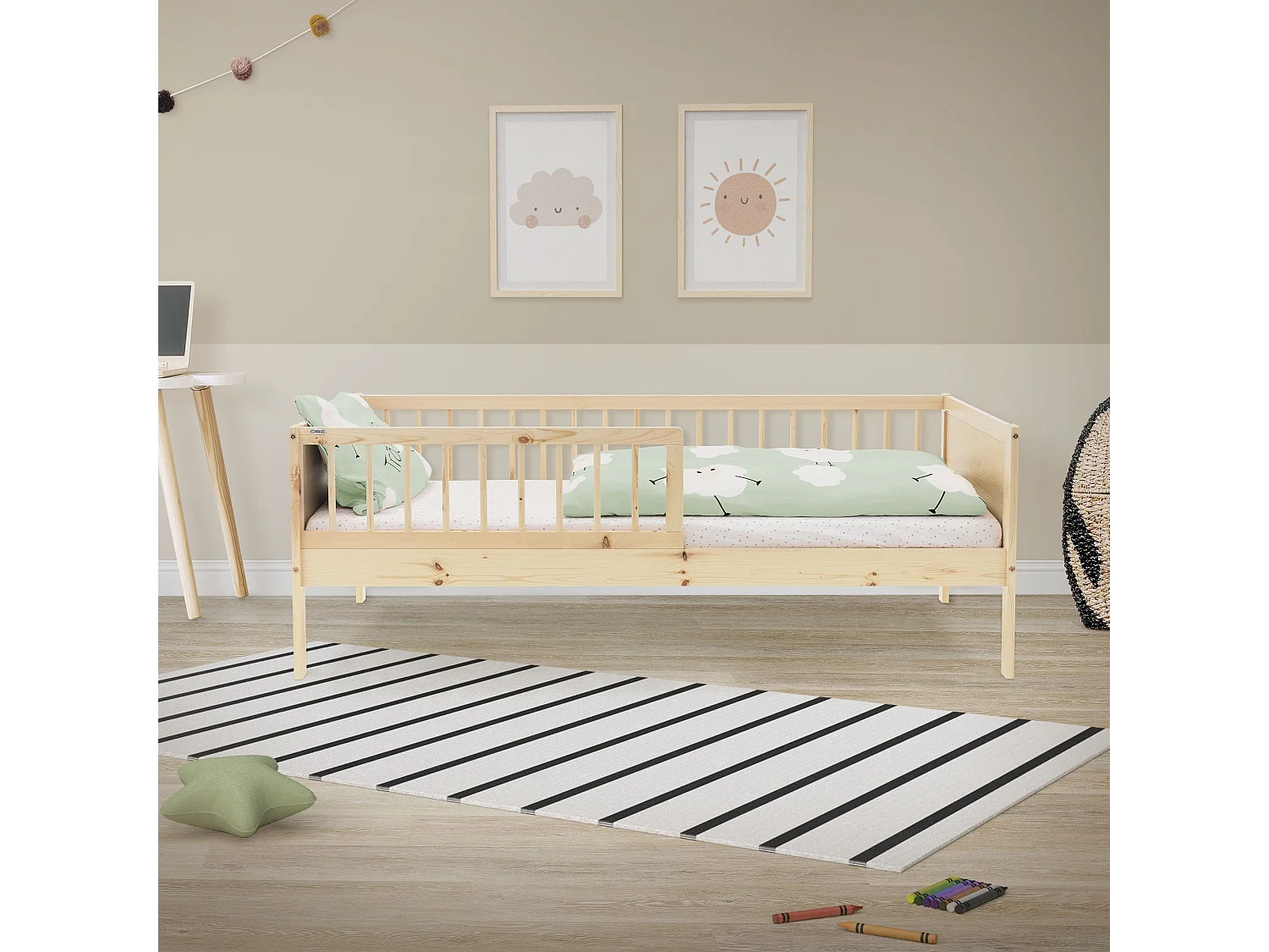 ML-Design Cama infantil 80 x 160 cm color natural con protección anticaída y somier mobiliario con estructura de listones madera pino maciza