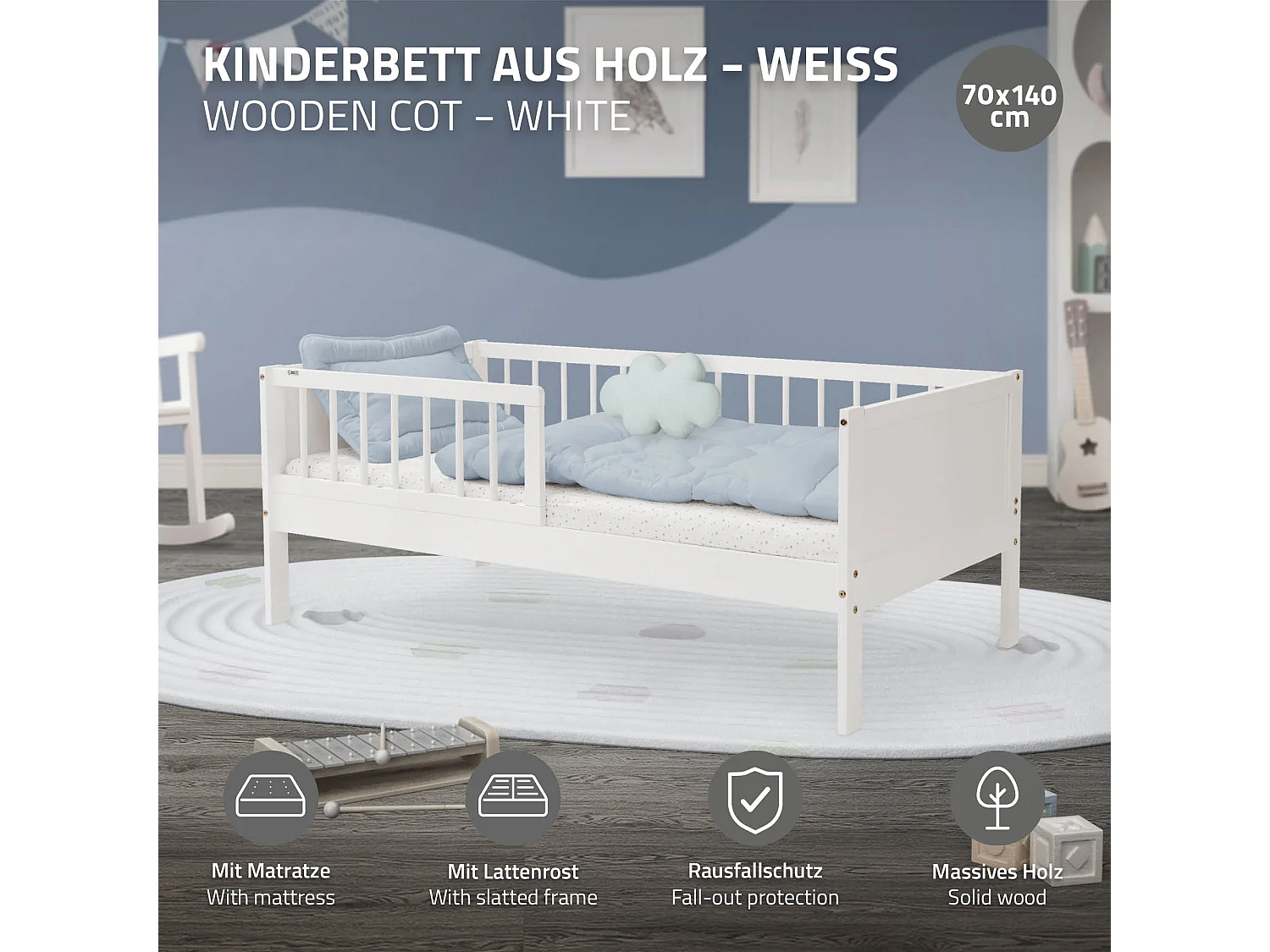 Lit d'enfant 70x140cm blanc simple cadre de lit avec matelas en bois de pin avec sommier à lattes protection contre chutes matériel de montage
