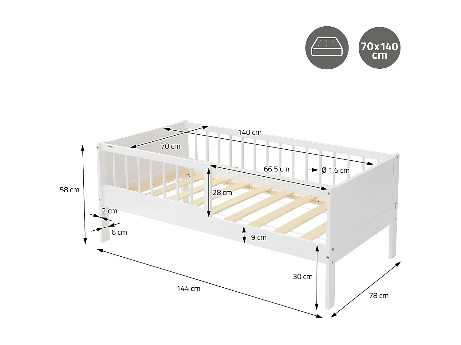 Lit d'enfant 70x140cm blanc simple cadre de lit avec matelas en bois de pin avec sommier à lattes protection contre chutes matériel de montage