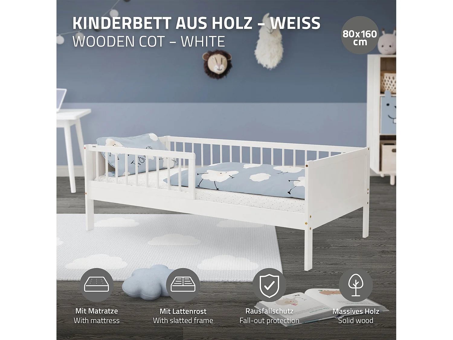 ML-Design Cama infantil 80 x 160 cm madera de pino blanca con colchón de espuma fría y somier de laminas mueble de dormitorio para niños/bebés