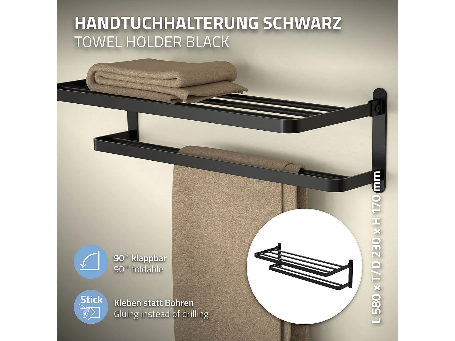 Porte-serviettes salle de bain barre métallique autocollante sans percer 58 cm