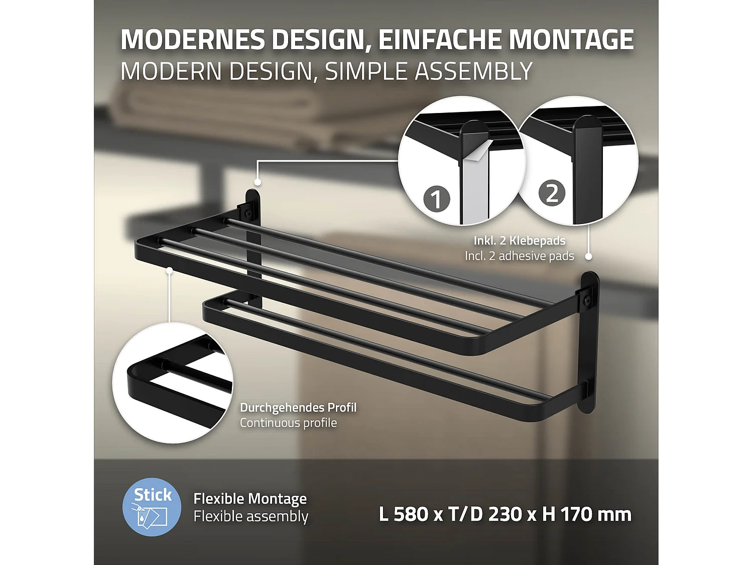 Porte-serviettes salle de bain barre métallique autocollante sans percer 58 cm