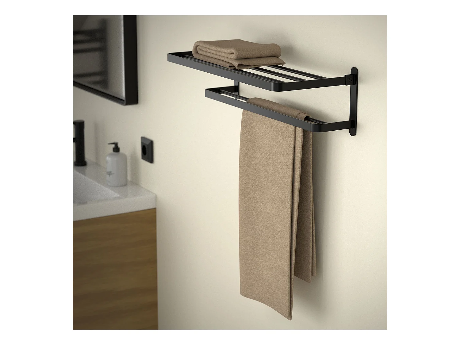 Toallero de pared sin taladrar acero negro soporte estante 58cm plegable 90°