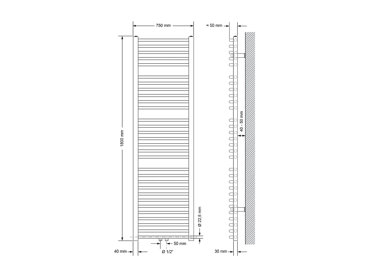 Radiateur de Salle de Bain Sahara, 750x1800 mm, Blanc, Courbé avec Connexion Centrale