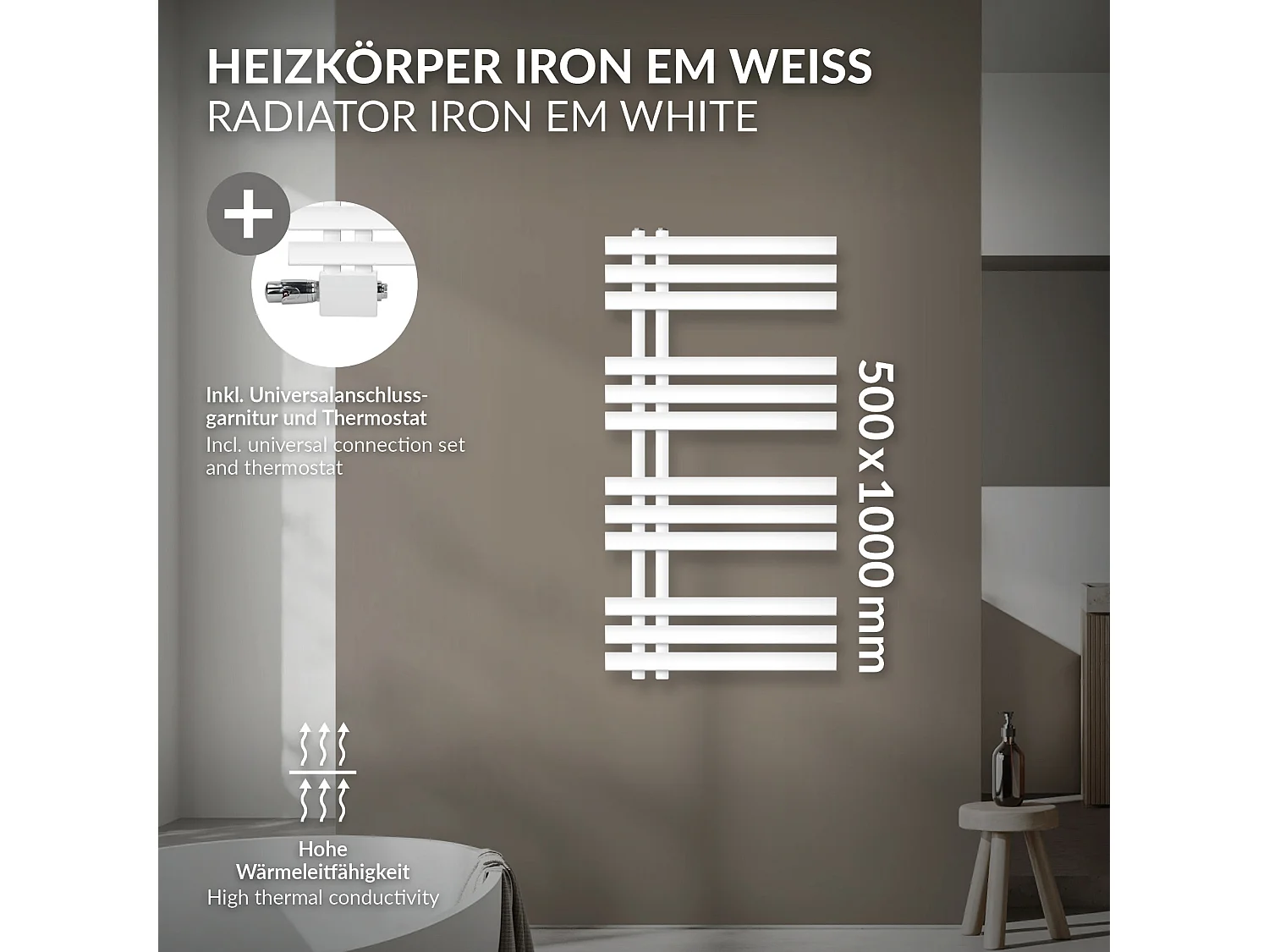 Radiateur Design Iron EM 500x1000 mm Blanc Raccord Central au Bas avec Garniture