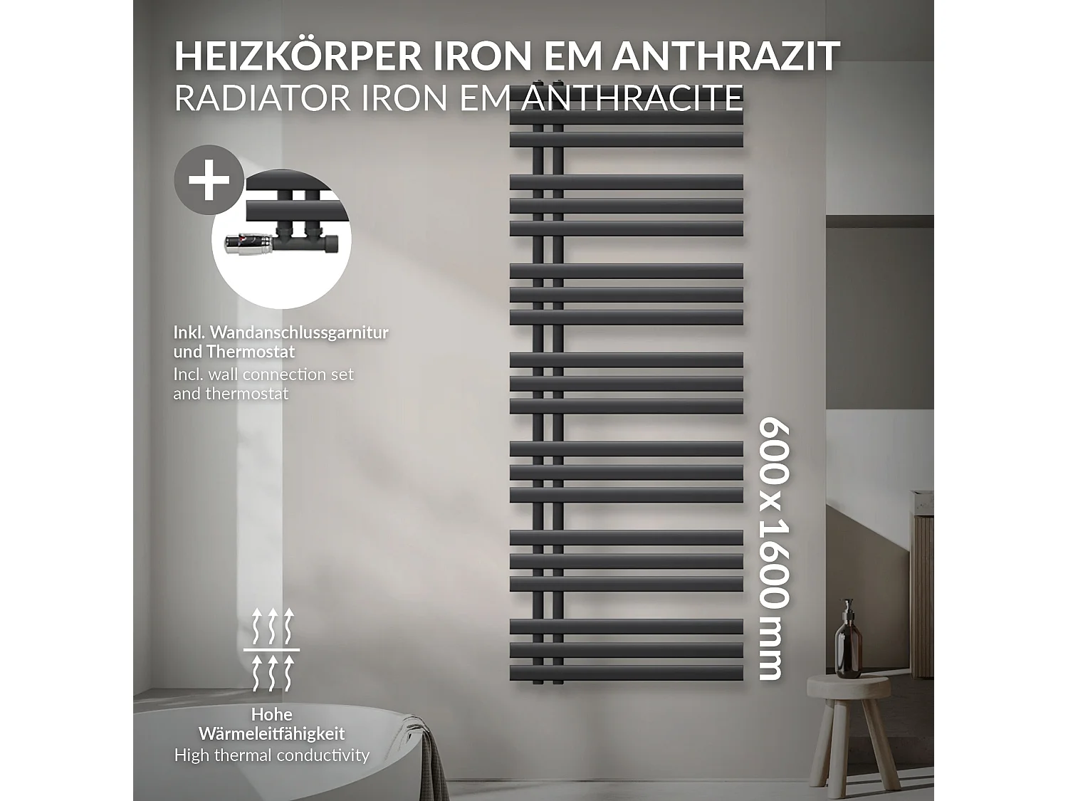 Radiateur de Salle de Bain Iron EM 600x1600 mm Anthracite Raccord Central au Bas