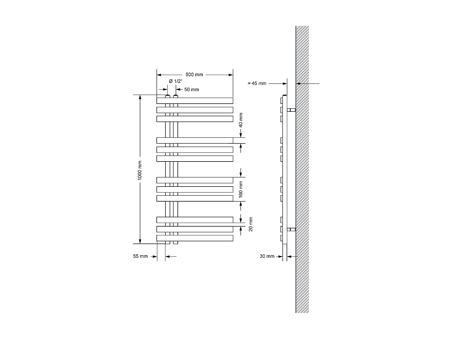 Radiateur de Salle de Bain Iron EM 500x1000 mm Blanc Raccord Central au Bas avec Garniture