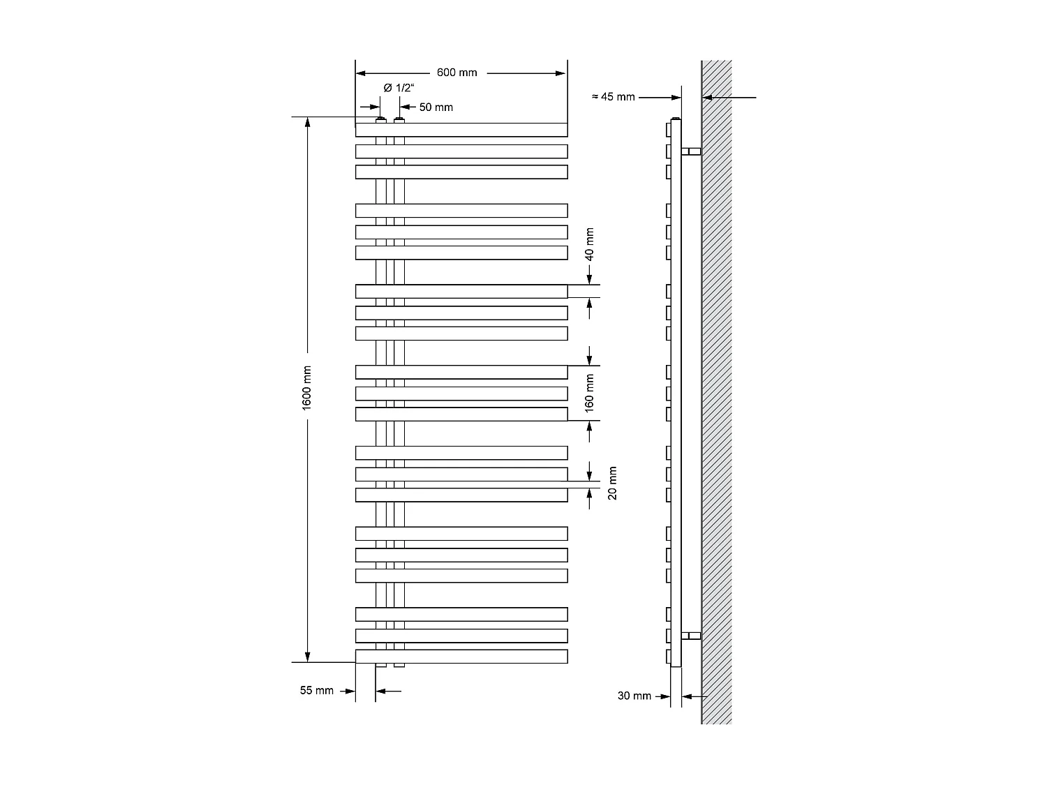 Radiateur de Salle de Bain Iron EM 600x1600 mm Blanc Raccord Central au Bas avec Garniture